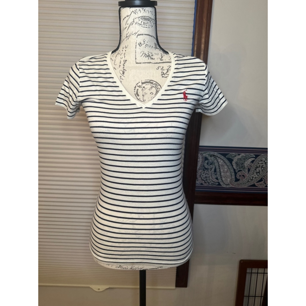 Ralph Lauren Sport Small White & Navy Blue VNeck TShirt